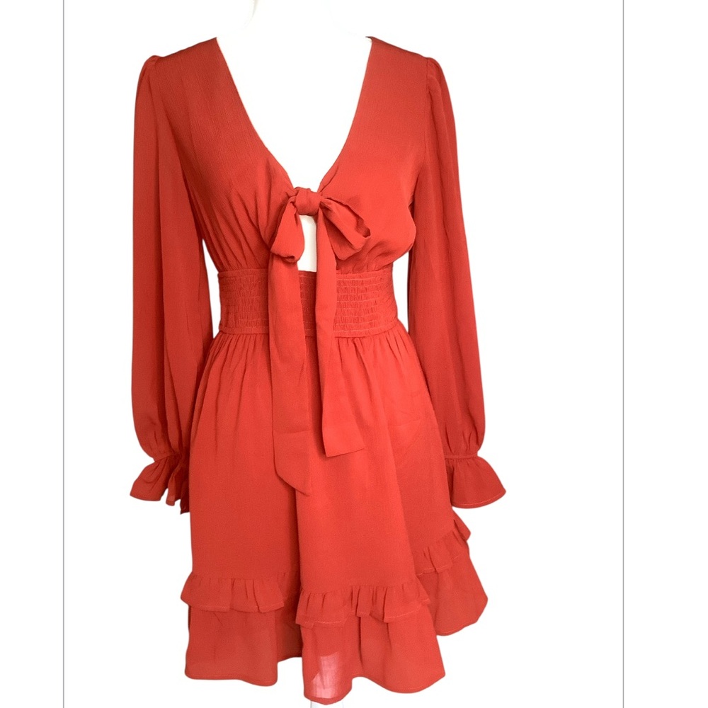 Zesica Ruffled Mini Milkmaid Dress Size Small Rust/Orange